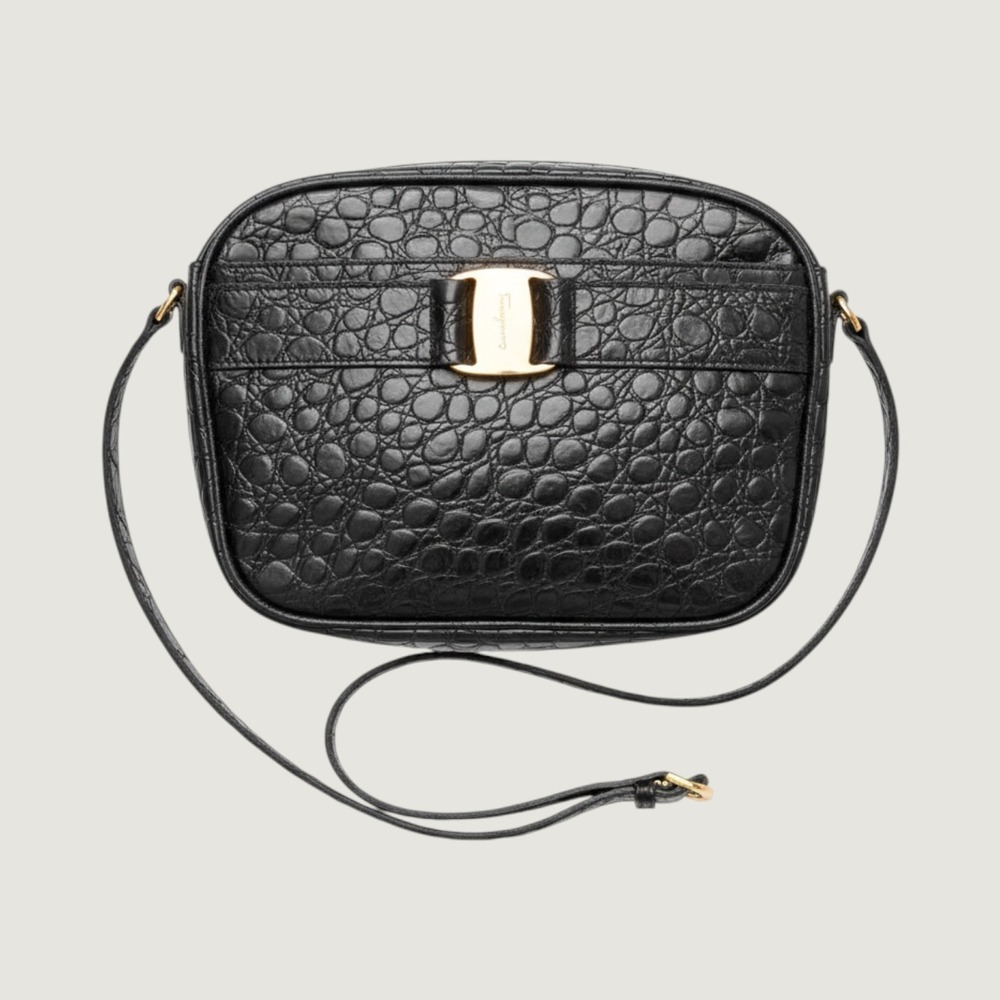 Salvatore Ferragamo Black Croc Embossed Leather Vara Bow Crossbody Bag BA214183